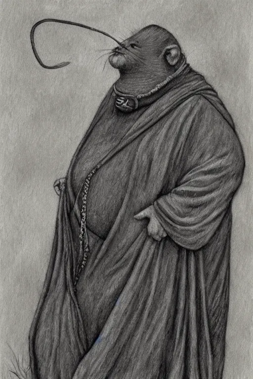 Image similar to a obese gray sniveling rat person wearing a decaying brown cloak, painting by ed binkley