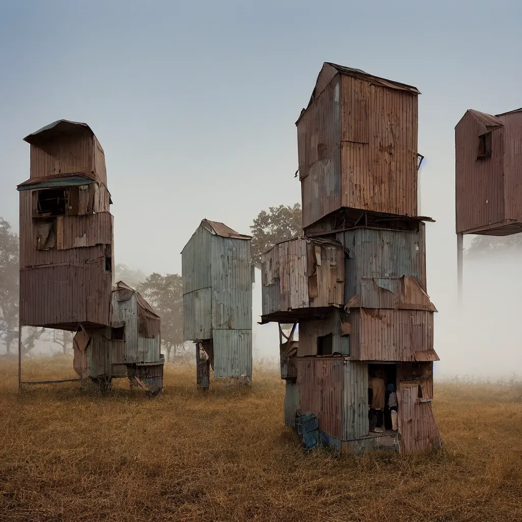 Image similar to two high towers, made up of makeshift squatter shacks with faded colours, plain uniform sky at the back, uneven fog, mamiya, fully frontal view, ultra sharp, very detailed, photographed by julie blackmon