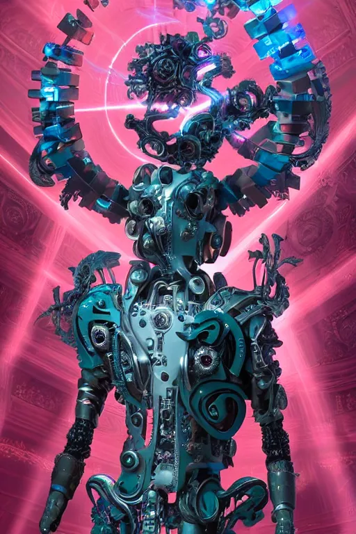 Image similar to full-body rococo and cyberpunk style sculpture of a young handsome Spanish prince half android with a chest exposing circuitry, glowing pink laser eyes, crown of blue gears and diamonds, swirling salmon-colored silk fabric, robotic raptors dinosaurs. baroque elements. full-length view. intricate artwork by caravaggio. Trending on artstation, octane render, cinematic lighting from the right, hyper realism, octane render, 8k, depth of field, 3D