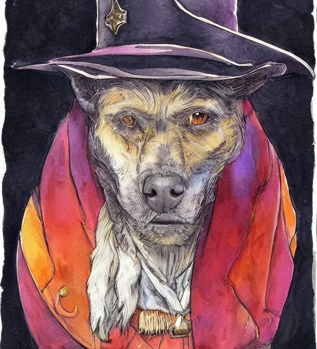 Image similar to a watercolor ink painting of an anthropomorphic dog wizard / sheriff in the style of jean giraud in the style of moebius trending on artstation deviantart pinterest detailed realistic hd 8 k high resolution