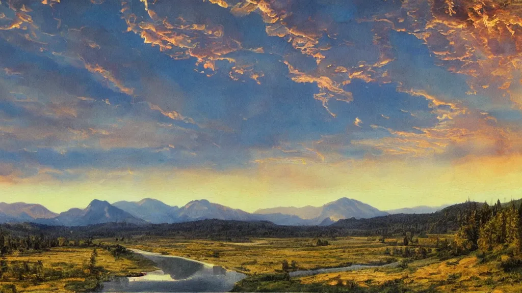Image similar to The most beautiful panoramic landscape, oil painting, where the mountains are towering over the valley below their peaks shrouded in mist. The sun is just peeking over the horizon producing an awesome flare and the sky is ablaze with warm colors and mammatus clouds. The river is winding its way through the valley and the trees are starting to turn yellow and red, by Greg Rutkowski, aerial view