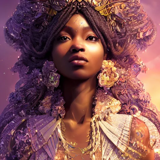 Prompt: the portrait of the absurdly beautiful, graceful, elegant, gorgeous, sensual black young anime goddess made of crystals, an ultrafine hyperdetailed illustration by kim jung gi, irakli nadar, detailed faces, intricate linework, bright colors, octopath traveler, final fantasy, unreal engine 5 highly rendered, global illumination, radiant light, intricate environment 8 k