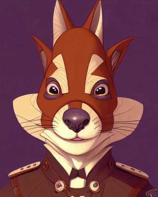 Image similar to don bluth, loish, artgerm, joshua middleton, steampunk, clockpunk anthropomorphic squirrel, full policeman outfit, smiling, symmetrical eyes symmetrical face, colorful animation forest background