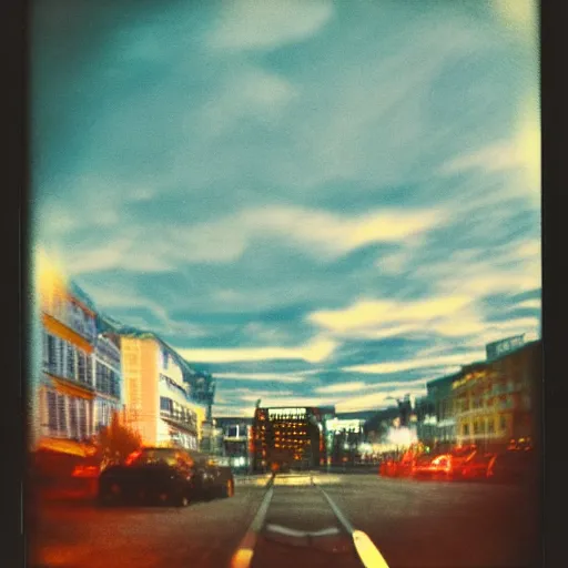 Image similar to instant photograph the night, polaroid, raw, beautiful, nostalgic, light leak, clouds, city