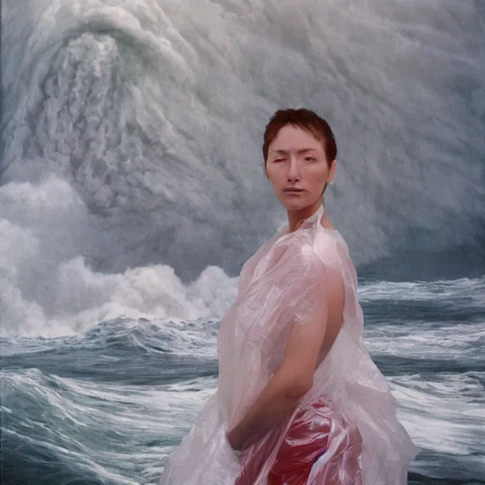 Image similar to a closeup portrait of a woman wearing wrapped in plastic, standing in front of a giant tsunami wave, color photograph, by vincent desiderio, canon eos c 3 0 0, ƒ 1. 8, 3 5 mm, 8 k, medium - format print