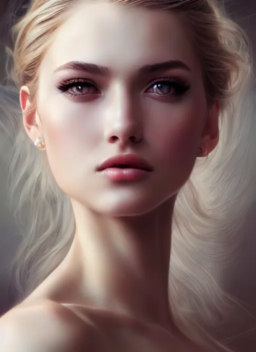 Image similar to a gorgeous female photo, professionally retouched, soft lighting, wearing a feather dress, realistic, smooth face, perfect eyes, wide angle, sharp focus on eyes, 8 k high definition, insanely detailed, intricate, elegant, art by artgerm and wlop