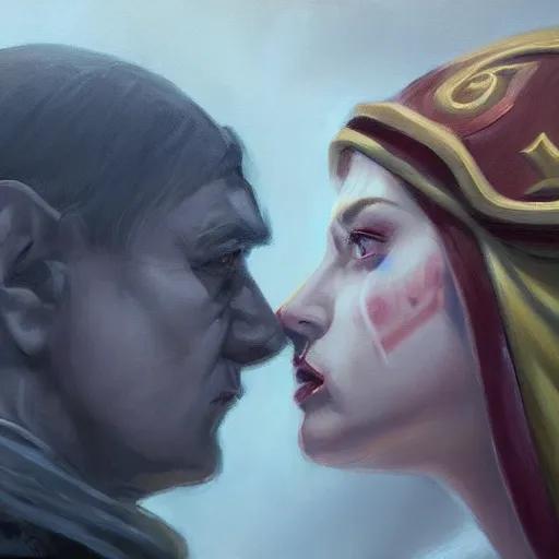 Image similar to Portrait of Sylvanas Windrunner and Adolf Hitler kissing, cinematic shot, trending on artstationhq, oil on canvas