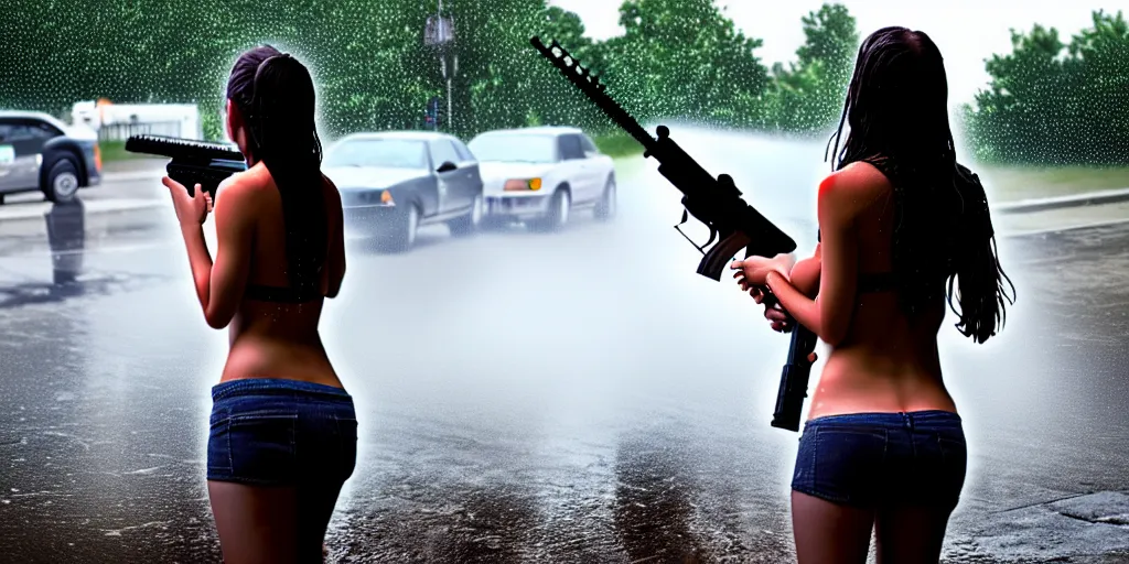 Image similar to hyperrealistic photo of a hot wet girl in the rain holding an ar - 1 5, 8 k