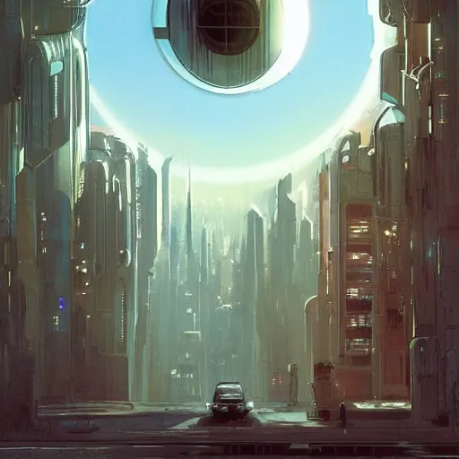 Image similar to circular derelict portal in a middle of a futuristic cityscape, world seen only through a portal, daylight, cinematic perspective, cinematic lighting, blue sky, syd mead, john harris