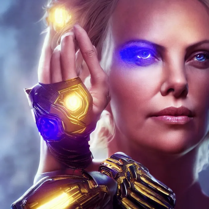 Image similar to portrait of ((Charlize Theron)), wearing The Infinity Gauntlet. SNAP. intricate artwork. octane render, trending on artstation, very coherent symmetrical artwork. thanos. thanos. cinematic, hyper realism, high detail, octane render, 8k, iridescent accents