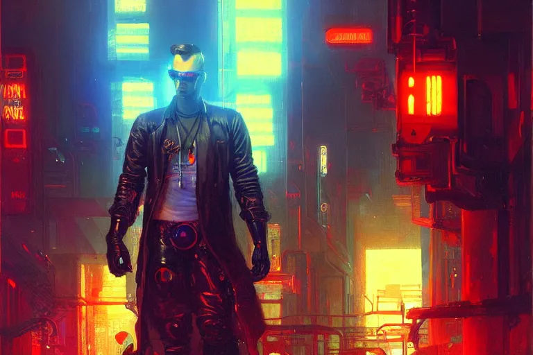 Prompt: cyberpunk style, male, neon lights, painting by gaston bussiere, craig mullins, j. c. leyendecker, tom of finland