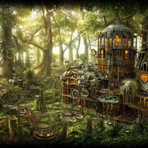 Image similar to steampunk forest. high details. 8K. detailed. photorealism. artstation. well lit. digital render. intricate. ultra realistic