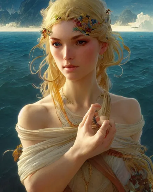 Prompt: an island full of blonde women, real life skin, intricate, elegant, highly detailed, artstation, concept art, smooth, sharp focus, art by artgerm and greg rutkowski and alphonse mucha