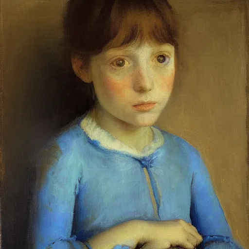 Image similar to palette knife oil painting portrait of a young girl in a blue and gold haunted liminal room, film still by goya, by balthus, by pontormo, extreme detail, liminal aesthetic, artgerm, deviant art, octane, substance, art history 8 k, art nouveau