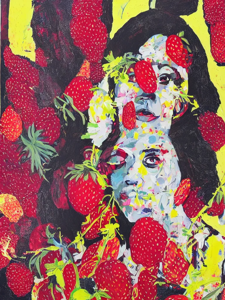 Image similar to “art in an Australian artist’s apartment, portrait of a woman wearing white cotton cloth, eating luscious fresh raspberries and strawberries and blueberries, edible flowers, black background, aboriginal Dreamtime, Eora, Gadigal, intricate, bold colour, acrylic and spray paint and wax and oilstick on canvas”