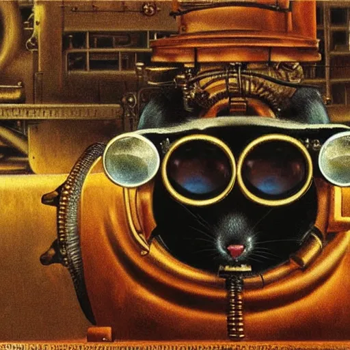 Image similar to a rat with steampunk googles, by David A. Hardy