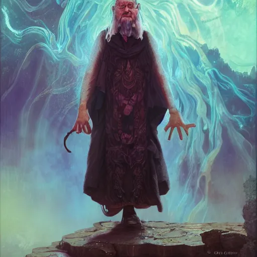 Image similar to old wizard summoning a geyser of psychedelic energy from the ground, hyper - detailed, cgsociety, 8 k, high resolution, in the style of charlie bowater, tom bagshaw, norman rockwell, gerald brom, adam hugh