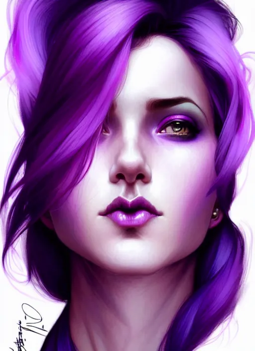 Image similar to Purple hair relistic Portrait of woman with bright colored hair, all shades of purple. Beauty face, Hair coloring, fantasy, intricate, elegant, highly detailed, digital painting, artstation, concept art, smooth, sharp focus, illustration, art by artgerm and greg rutkowski and alphonse mucha