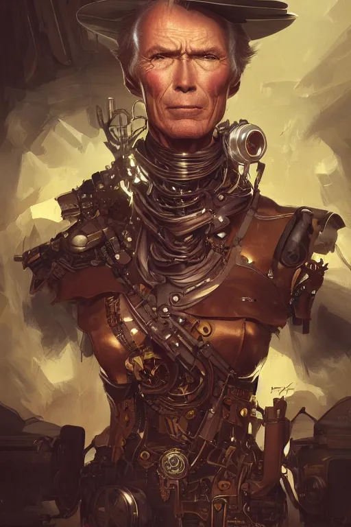 Image similar to clint eastwood steampunk cyborg, portrait, western, duster, fantasy, intricate, elegant, highly detailed, digital painting, artstation, concept art, sharp focus, illustration, art by artgerm and greg rutkowski and alphonse mucha