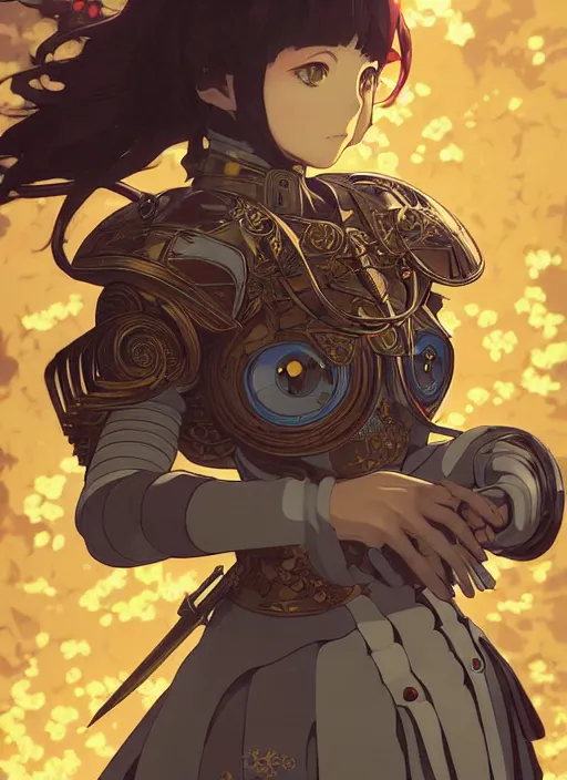 Image similar to yoh yoshinari, ilya kuvshinov editorial anime illustration female knight in ornate armor, last exile, murata range, fine detail,, dramatic lighting, dynamic composition, cel shading, vivid, rich texture, alphonse mucha, ( ( ( colorful ) ) ), gustav klimt, cinematic