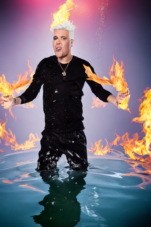 Image similar to scooter rapper baxxter with white hair standing in water shouting in the microphone with explosion and flames in background, full body, white shirt, black pants, reflection in water, volumetric lighting, golden ratio