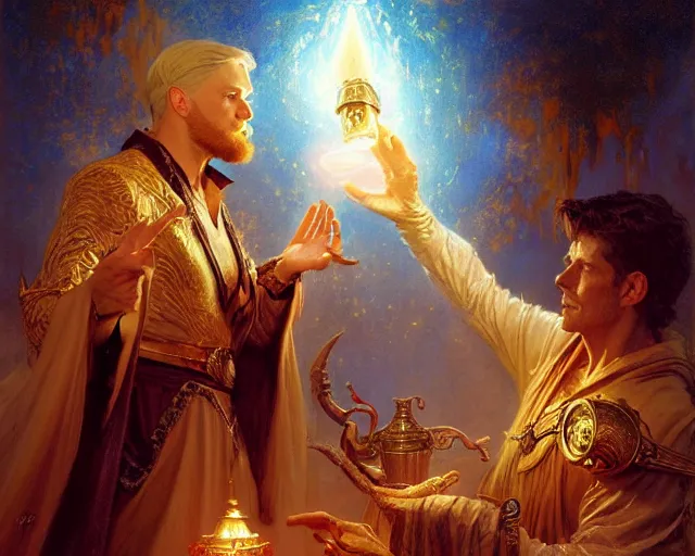 Image similar to attractive wizard man, casting light magic, summoning a handsome deity. highly detailed painting by gaston bussiere, craig mullins, j. c. leyendecker 8 k