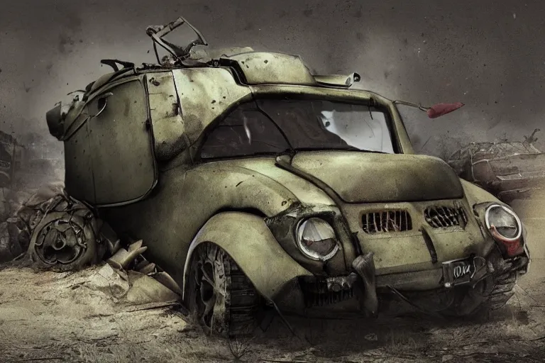 Prompt: Volkswagen Golf turned into a World War 2 tank, postapocalyptic, trending on ArtStation, old polaroid photo