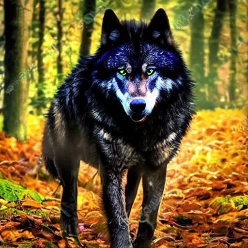 Prompt: majestic and beautiful dark wolf walking through a forest of leaves and trees photo realistic ultra details award winning realistic