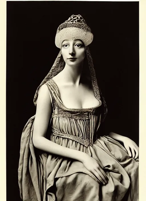 Prompt: portrait of young woman in renaissance dress and renaissance headdress, art by richard avedon