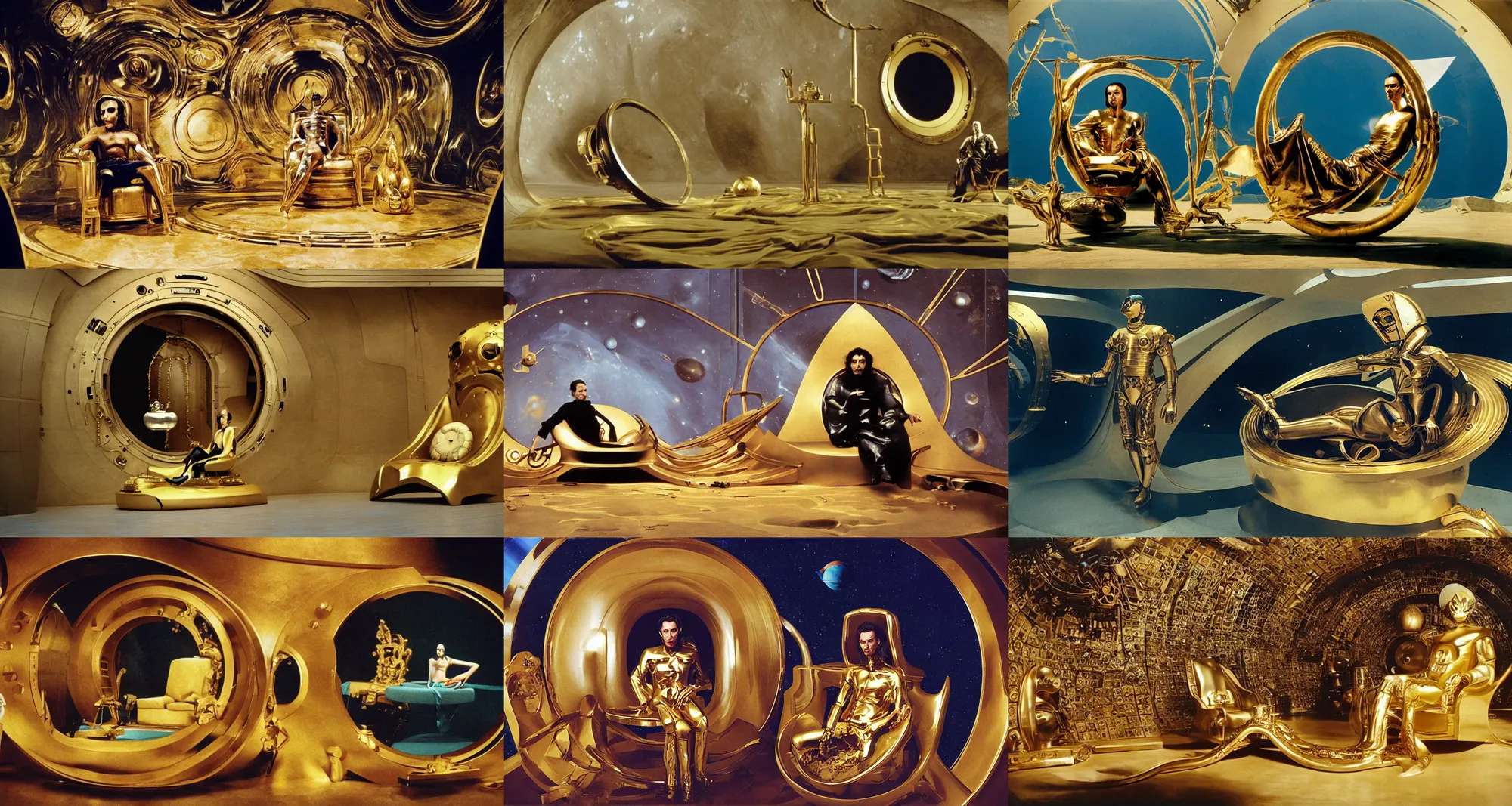 Prompt: background : a huge porthole in which space is visible, planet arrakis, spaceships | foreground : dali sitting on gold chair with many gold pipes | from the movie by alejandro jodorowsky with cinematogrophy of christopher doyle and art direction by hans giger, anamorphic lens, kodakchrome, 8 k