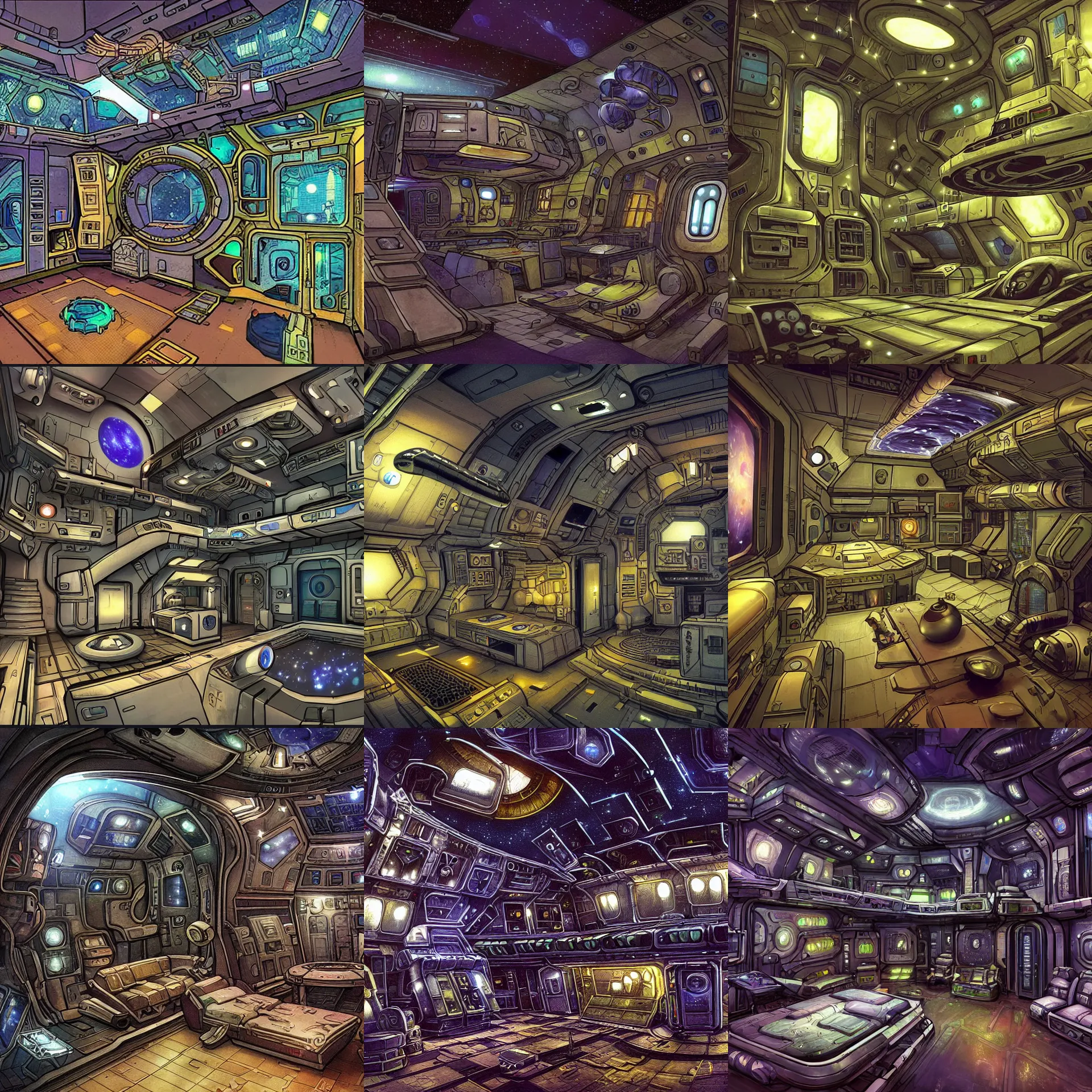 Prompt: a officer's living quarters, on a spaceship, from a space themed point and click 2 d graphic adventure game, set design inspired by hg giger, art inspired by thomas kinkade