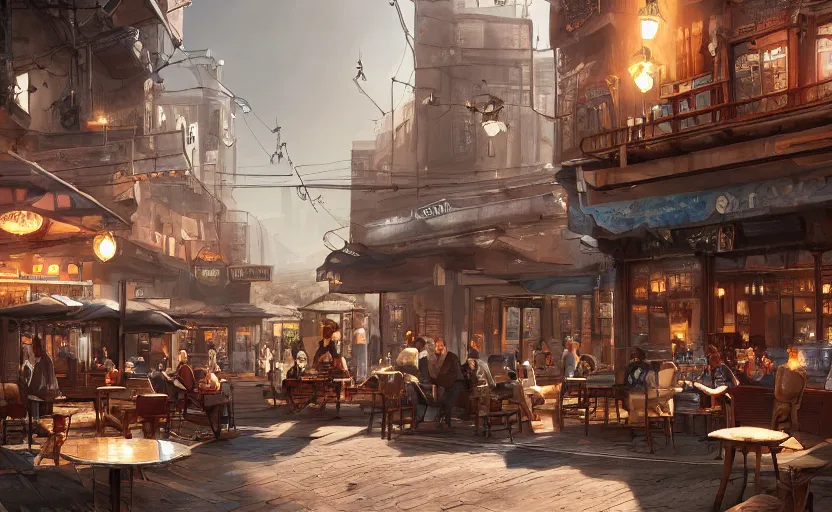 Prompt: a cozy relaxed cafe, looking out at the bustling underbelly of a thriving steampunk city by james paick, trending on cgsociety, unreal engine, 4 k wallpaper