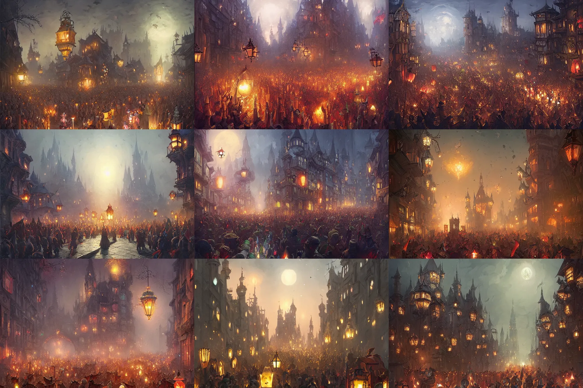 Prompt: a crowded lantern parade down city streets, castles background, d & d, by greg rutkowski and anna podedworna