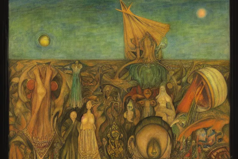 Image similar to the wake of the unseen object,by Leonora Carrington and ford madox brown, symbolist, dramatic lighting, elaborate geometric ornament, cool blue and green colors, Art Brut, smooth, sharp focus, extremely detailed