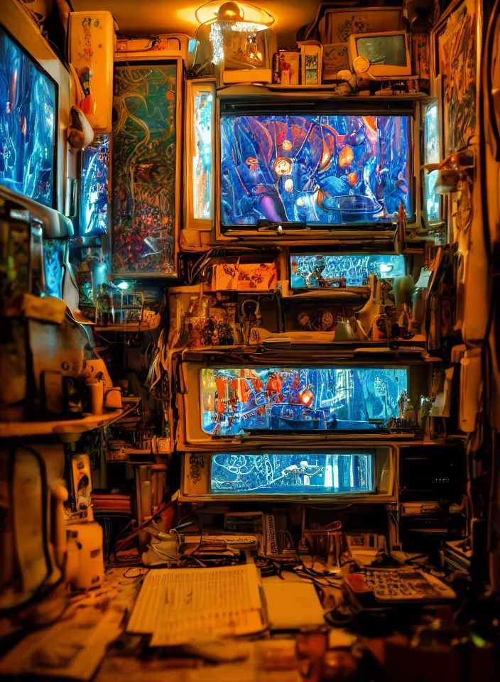 Prompt: telephoto 7 0 mm f / 2. 8 iso 2 0 0 photograph depicting the feeling of chrysalism in a cosy cluttered french sci - fi ( ( art nouveau ) ) cyberpunk apartment in a dreamstate art cinema style. ( ( computer screens, sink ( ( ( fish tank ) ) ) ) ), ambient light.