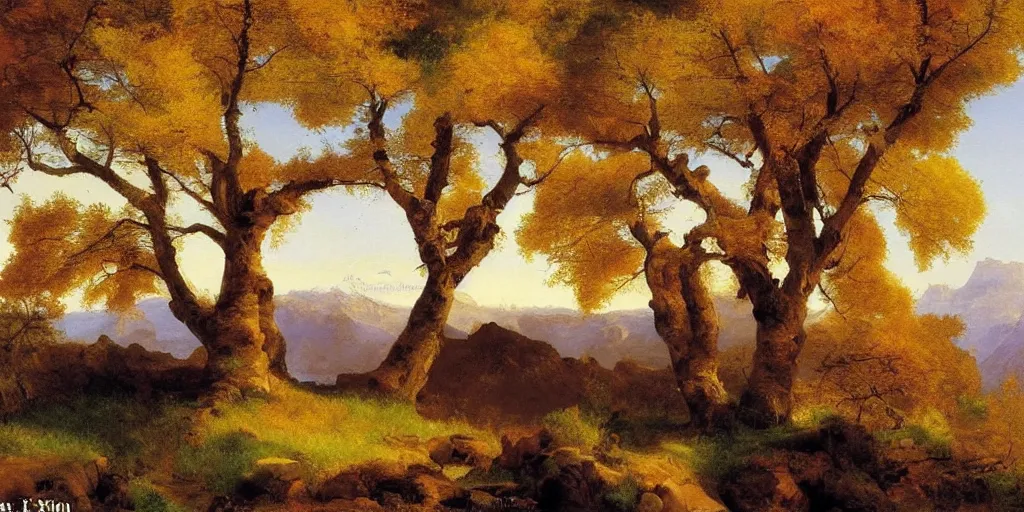 Image similar to lone maple tree growing in grand cayon, thomas moran, oil painting, highly detailed, masterpiece