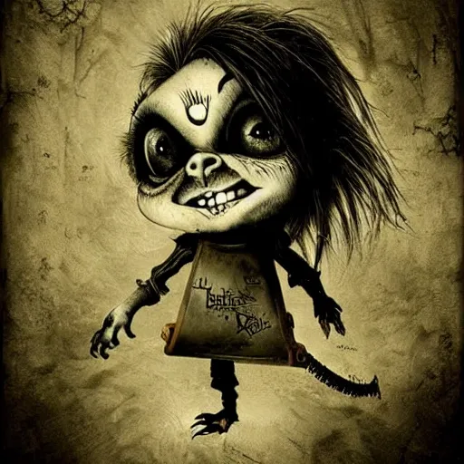 Image similar to grunge cartoon drawing of a cute chucky by - michael karcz , in the style of corpse bride, loony toons style, horror themed, detailed, elegant, intricate