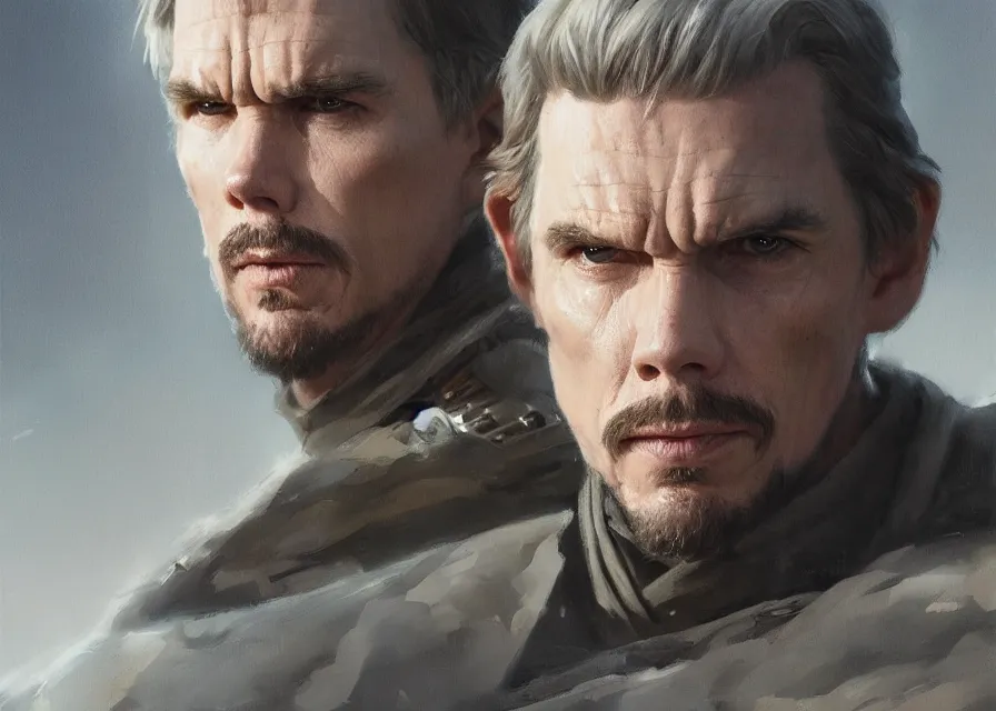 Image similar to painting portrait of Ethan Hawke dressed as general in Star Wars, sharp focus, waist up, trending on ArtStation, masterpiece, by Greg Rutkowski, by Ross Tran, by Fenghua Zhong, octane, clear eyes, soft render, clear facial features, oil on canvas, moody lighting, cinematic, professional environment concept art