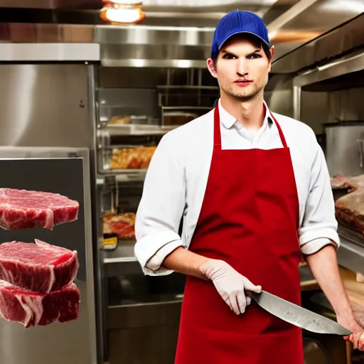 Image similar to ashton kutcher as a butcher wearing a bloody apron with a cleaver in his hand as he chops meat while working in a deli, realistic, hyperrealistic, ultra realistic, real, real world, highly detailed, very detailed, extremely detailed, intricate details, 8 k resolution, hd quality
