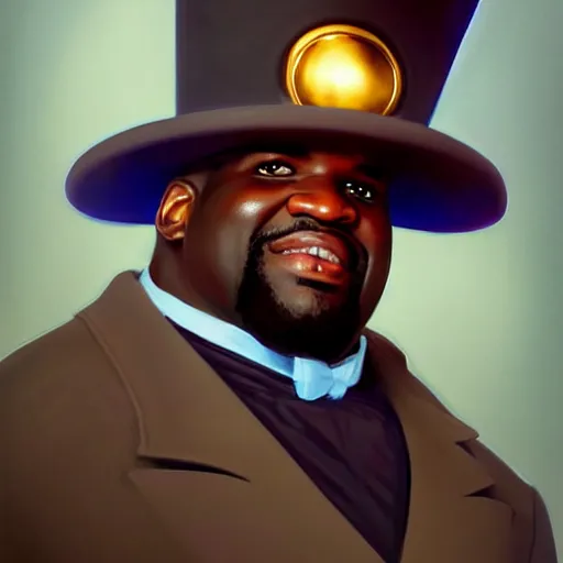 Image similar to pixar portrait painting of shaquille o'neal wearing a top hat and armor as an overwatch character, medium shot, asymmetrical, profile picture, organic painting, foggy day, matte painting, bold shapes, hard edges, street art, trending on artstation, by huang guangjian and gil elvgren and sachin teng