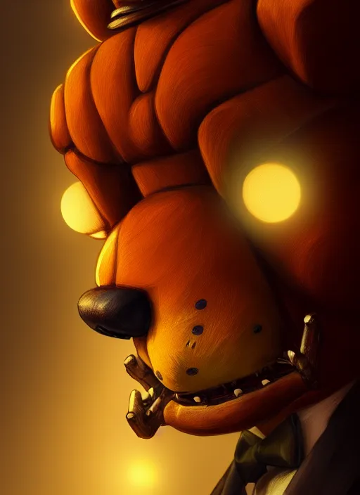 Image similar to portrait of freddy fazbear, intricate, elegant, glowing lights, highly detailed, digital painting, artstation, concept art, sharp focus, illustration, art by wlop, mars ravelo and greg rutkowski