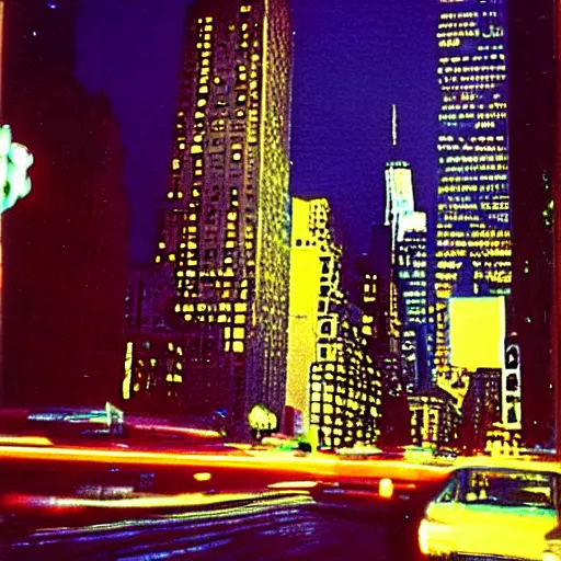Prompt: Beautiful colored-photo cameraphone 1988 soft Photograph of New York city a night