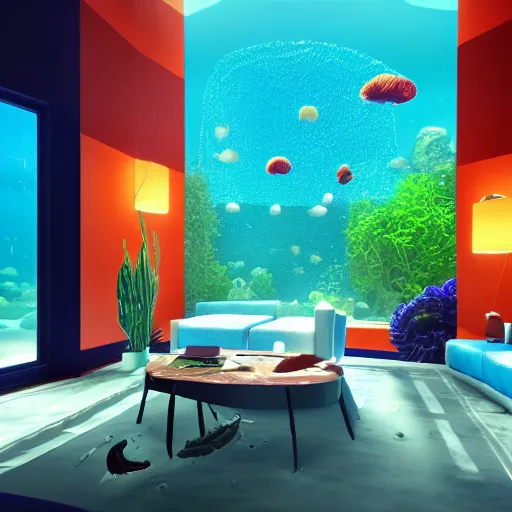 Image similar to the realistic photo of the modern room as aquarium with a big jellyfish and corals, under the ocean, realistic colors, realistic shadows, daylight made in blender, hd, 3 d by beeple and damian hirst