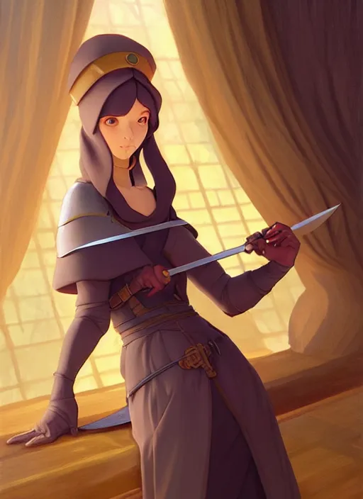 Image similar to cute medieval spymaster holding knife, natural lighting, path traced, highly detailed, high quality, digital painting, by don bluth and ross tran and studio ghibli and alphonse mucha, artgerm