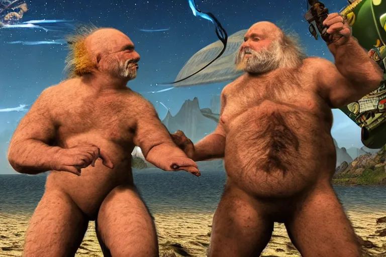 Prompt: photo, friends, man two old hairy fat ugly men! fighting alien monsters 3 5 5 4 7 on a beach, highly detailed, scary, intricate details, volumetric lighting, front view