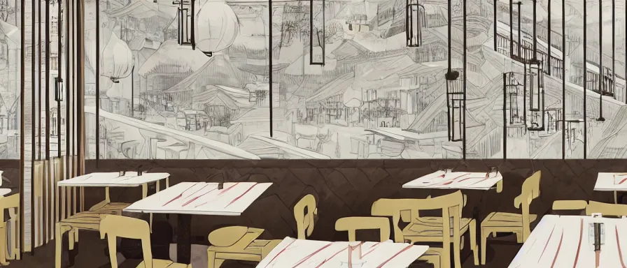 Image similar to a beautiful interior view illustration of a small roasted string hotpot restaurant in yan'an city, restaurant wall paper is a tower on a mountain, rectangle white porcelain table, black chair, animation illustrative style, \ from china, simple style structure decoration design, victo ngai, james jean, 4 k hd