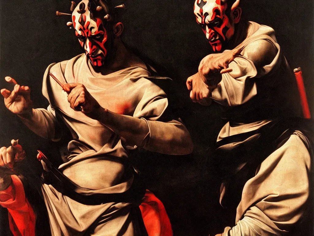 Prompt: Darth maul painted by Caravaggio, baroque painting, renaissance painting, 8k, highly detailed