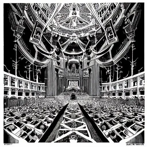 Prompt: an inked illustration of an incredibly intricate and highly ornate satanic mega-church temple auditorium, crowd of thousands of worshipers, by Tsutomu Nihei and Laurie Greasley