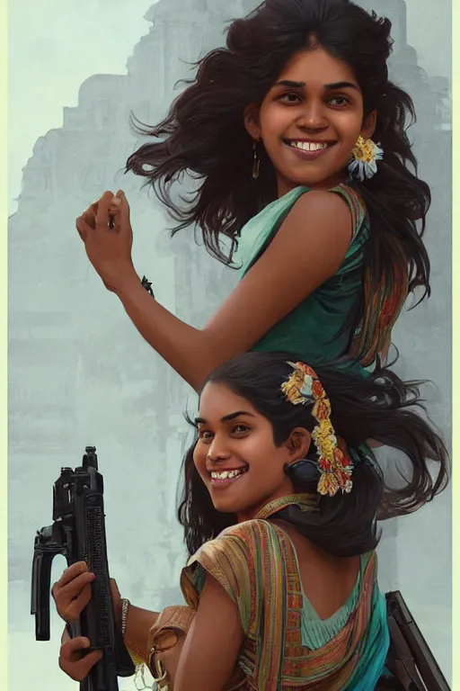 Image similar to sri lankan girl with a gun, smiling, sri lankan city, intricate, elegant, highly detailed, digital painting, artstation, concept art, smooth, sharp focus, illustration, art by artgerm and greg rutkowski and alphonse mucha