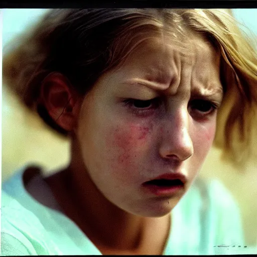 Prompt: a candid extreme closeup portrait of an expressive face of a scared young woman by annie leibovitz